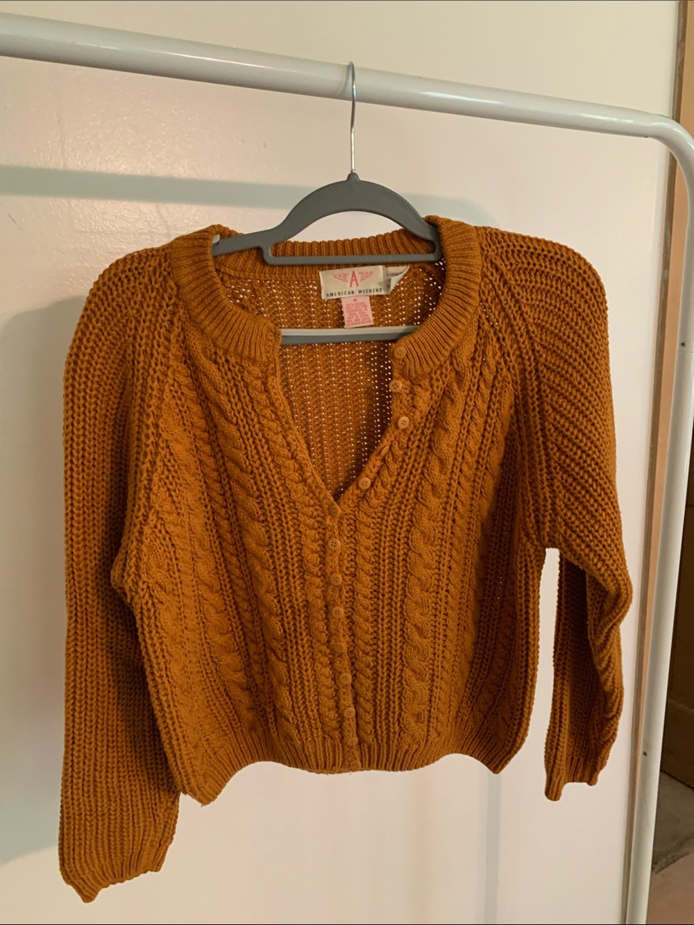 American Eagle Outfitters V-Neck Cable Knit Button-Up Sweater - Rust Orange